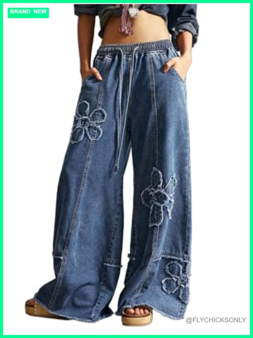 Baggy Wide Leg Jeans Distressed Floral Patchwork Drawstring High Waist